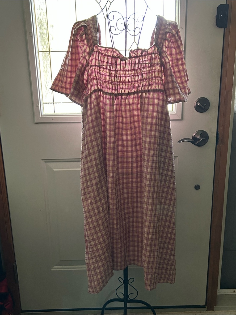 Smocked Dusty Rose Gingham Women's Midi Dress